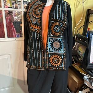 Embroidered Black, Teal, and Orange Women's Jacket wearable art by Bob Mackie XL